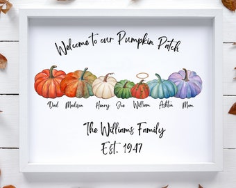 Gepersonaliseerde print met pompoenfamilieportret: Herfst muurdecoratie