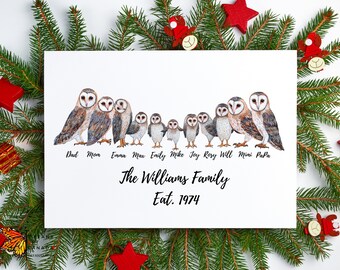 Personalized Owl Family Portrait: Custom Names Print