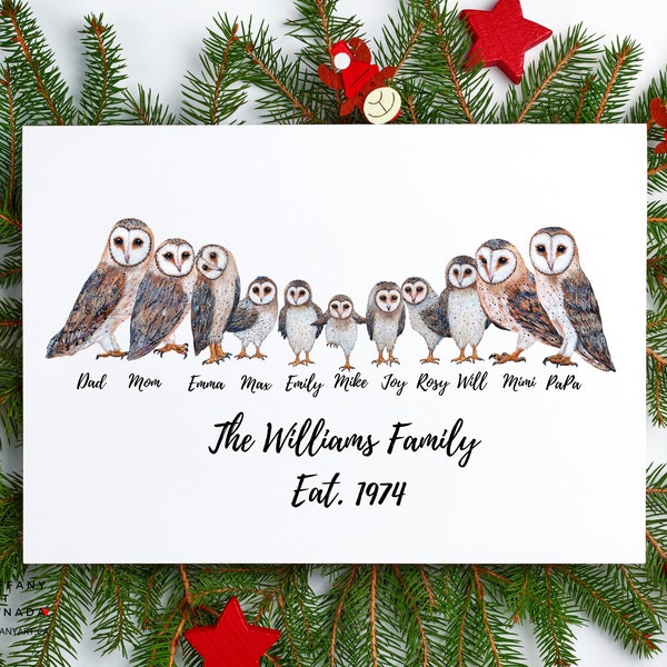 Personalized Owl Family Portrait, Family Names Custom Print,Owl Family Print, Owl Family Wall Art, Owl Gift, Grandparent Christmas Gifts,