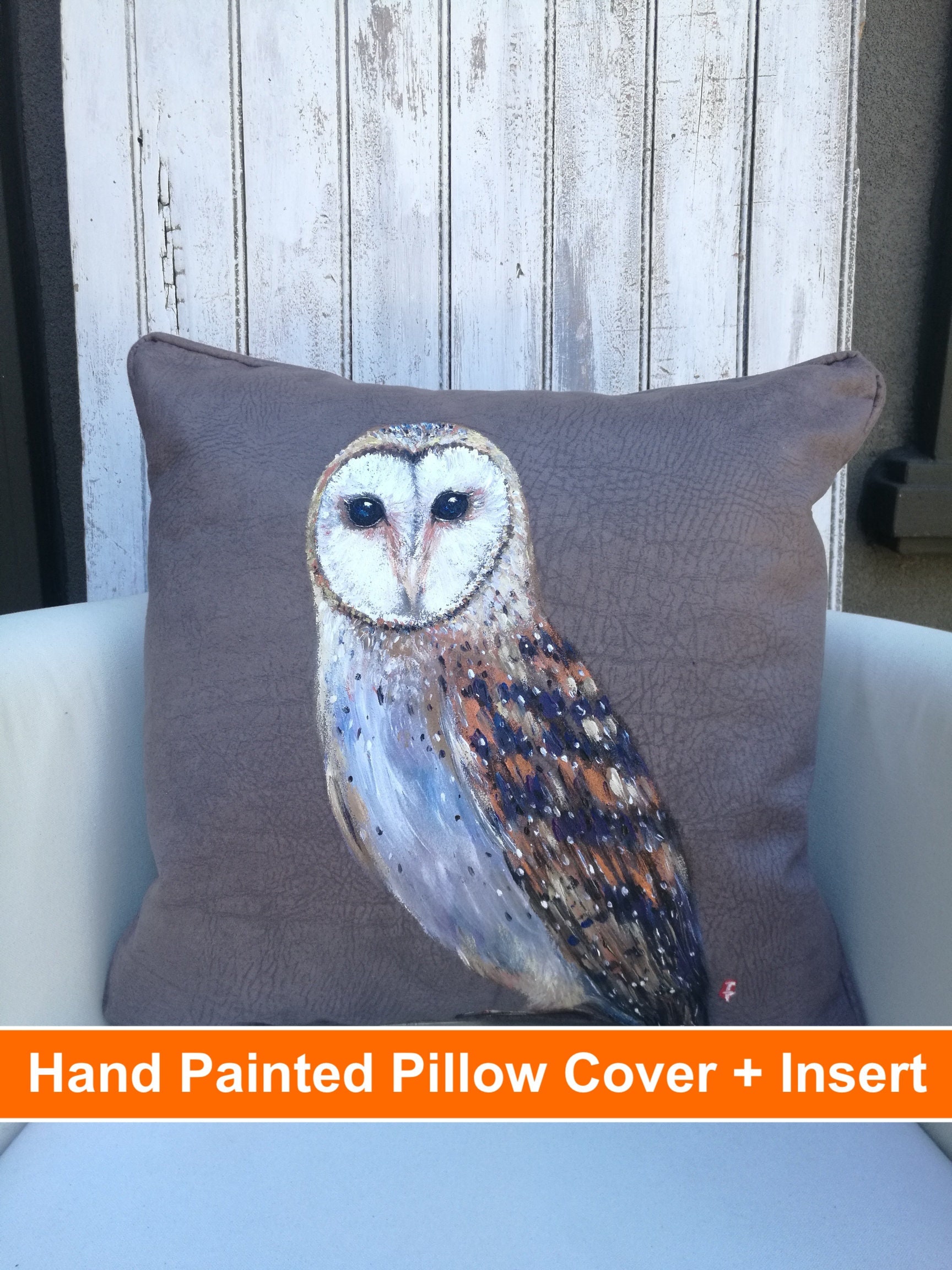Hand Painted Barn Owl Pillow, Owl Painting, Owl Lover Gift, Bird Cushion, Owl Decor, Owl Decoration,