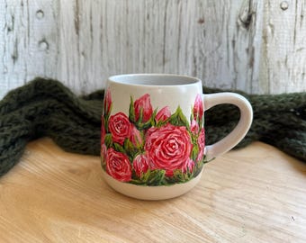 Hand-Painted Red Rose Mug: June Birth Flower, Floral Mom Gift