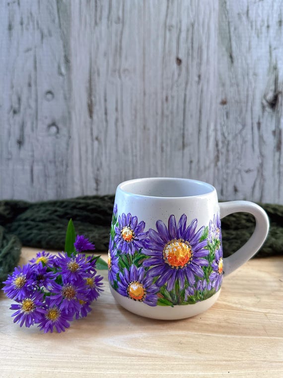 Hand Painted Aster Flower Mug, September Flower, Birth Flower Mug, September Wedding Gift, September Birthday, Aster Lover, Christmas Gift