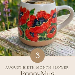 May include: A ceramic mug with a speckled white upper body and a solid terracotta base. The mug features hand-painted red poppy flowers with dark centers and green stems. Text on the image includes 8, AUGUST BIRTH MONTH FLOWER, PoppyMug, HAND PAINTED WITH LOVE, and PERSONALIZED GIFT - ADD YOUR CUSTOM TEXT.