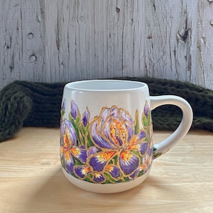 Hand-Painted Iris Flower Mug: February Birth Flower Gift