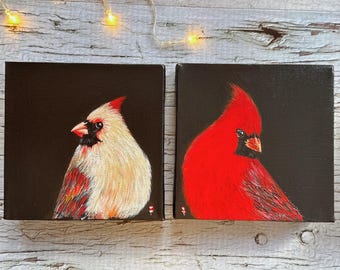 Juego de 2 cuadros de cardenal de 15 x 15 cm, obra de arte de pájaro cardenal, pájaro cardenal rojo, regalo para amantes de las aves, regalo conmemorativo de cardenal, condolencias de cardenal