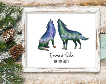 Wolf Couple Print, Wolf Wedding Gift, Wolf Art, Wolf Card, Wolf Gift for Men, Wolf Painting, Anniversary gift, Engagement gift, Wolf Moon