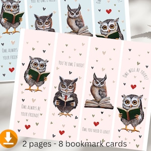 8 marque-pages numériques hibou, Saint-Valentin chouette, cartes de Saint-Valentin chouette, Saint-Valentin pour la salle de classe, Saint-Valentin pour enfant, hibou dont vous avez besoin