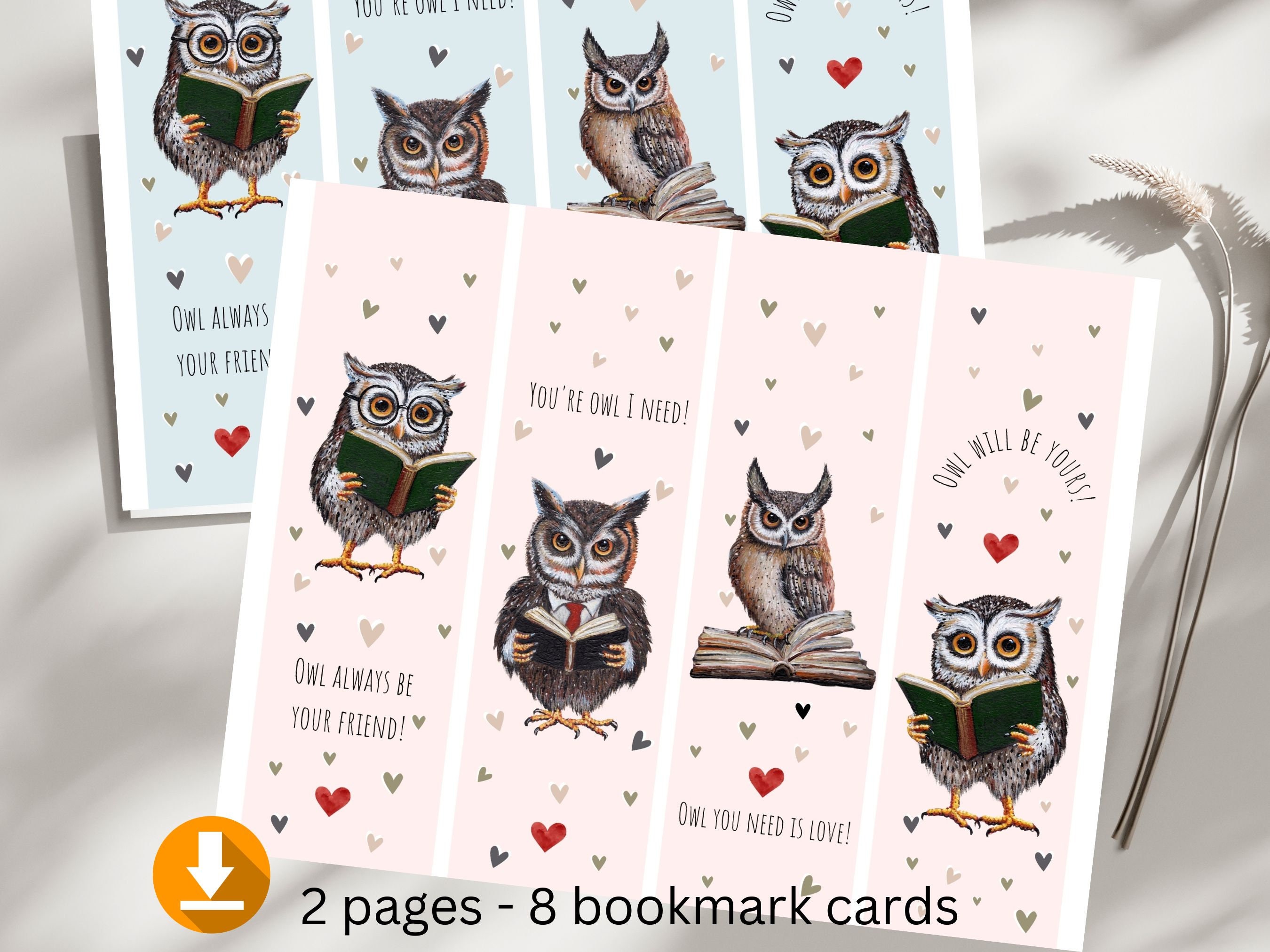 Owl Valentines Bookmark Cards: Set of 8 (Digital Download)