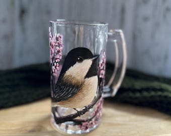 Hand Painted Chickadee Beer Glass: Bird Lover Gift