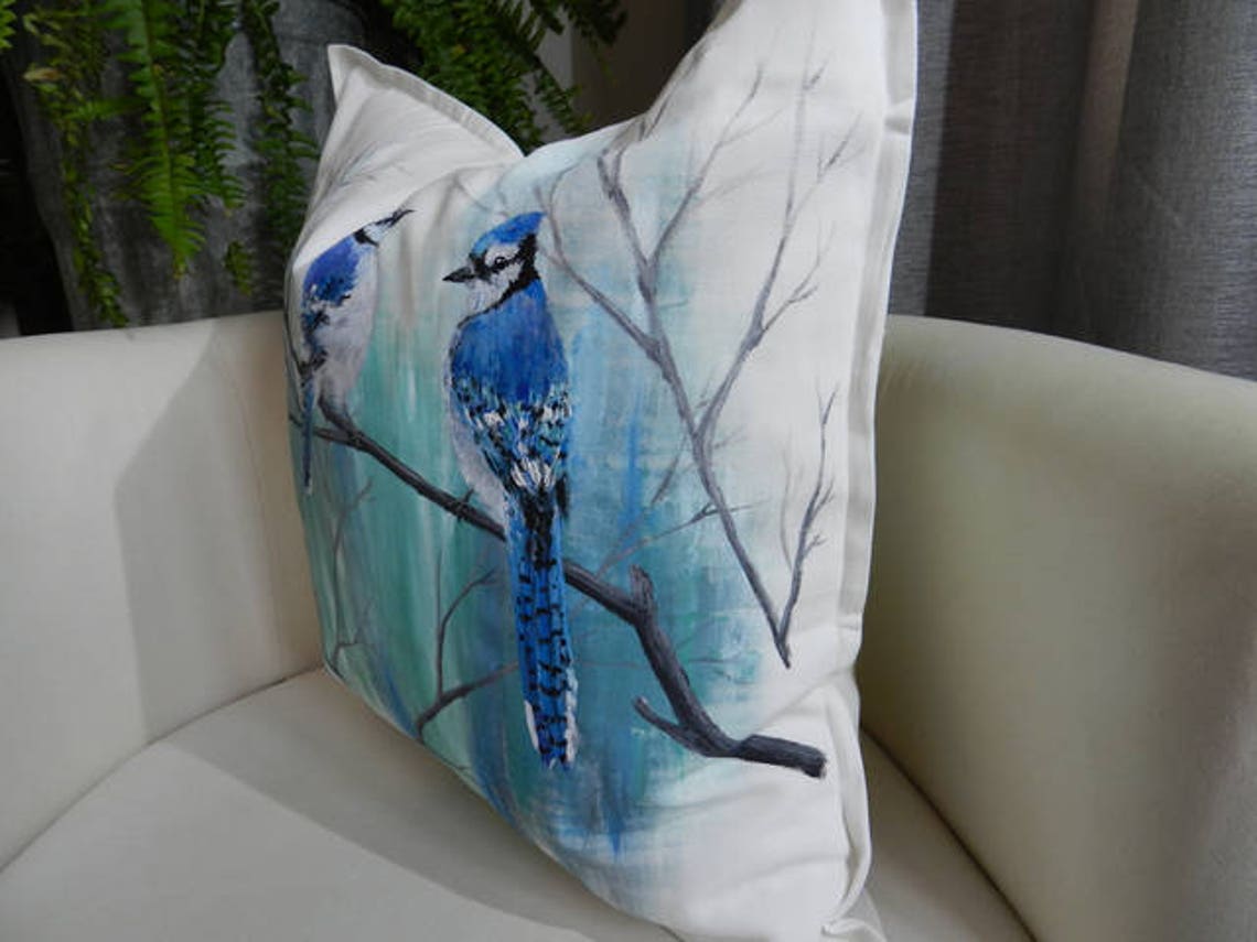 Hand Painted Pillow Blue Jay Pillow Bird Pillow Blue Jay Etsy Canada