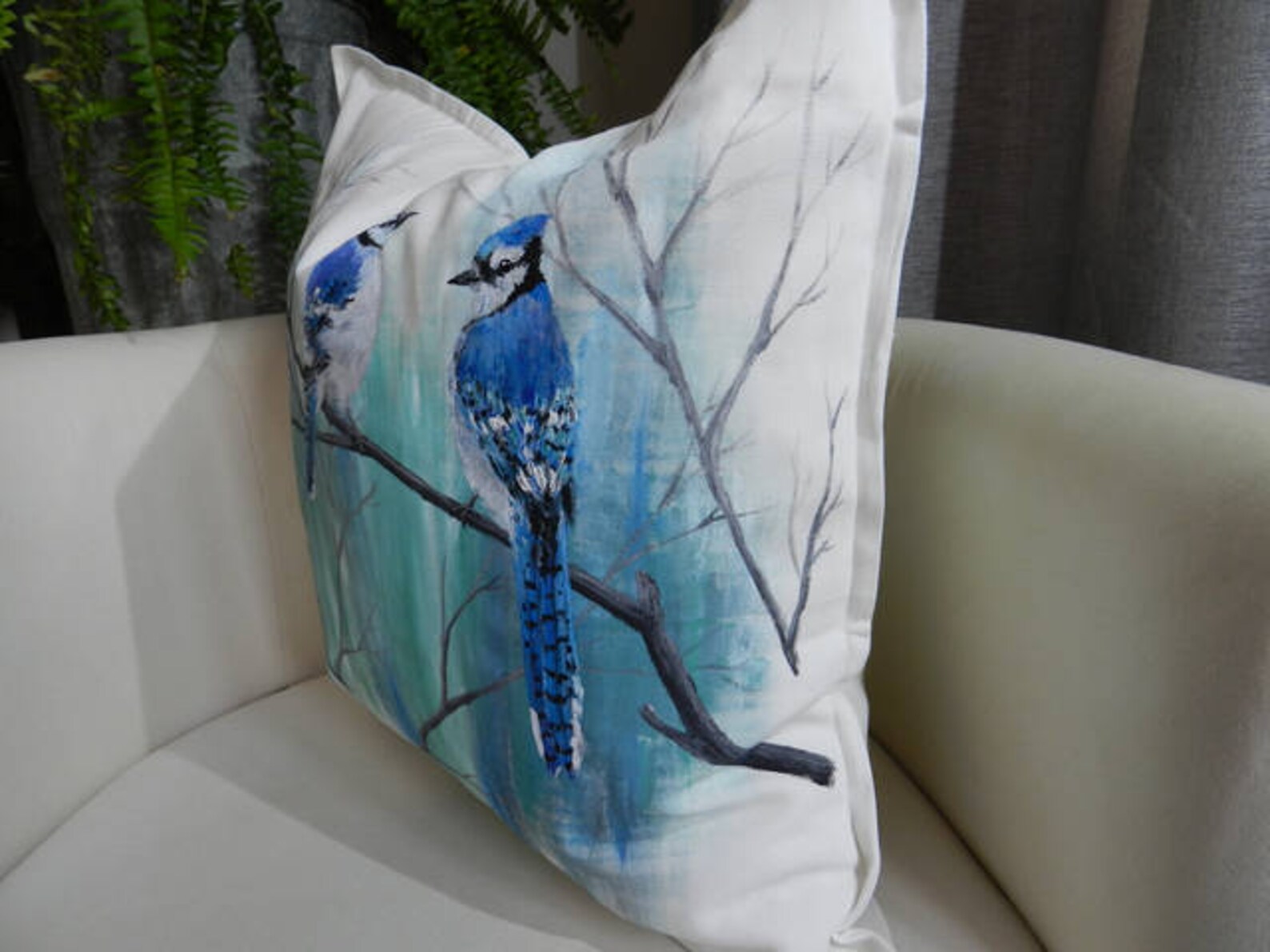 Hand painted pillow Blue Jay pillow bird pillow Blue Jay Etsy