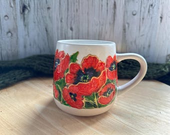 Hand Painted Poppy Mug, August Birth Flower Mug, Birth Month Floral Gift, August Wedding Gift, Bridesmaid Gift, August Gift, Birthday Mug
