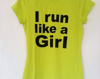Lime Green or Black I Run Like A Girl Ladies T-Shirt, Size 8 10 12 14, Reflective Running Yoga Workout Exercise Gear Breathable Top Vest