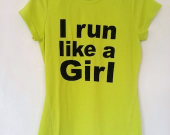 Lime Green or Black I Run Like A Girl Ladies T-Shirt, Size 8 10 12 14, Reflective Running Yoga Workout Exercise Gear Breathable Top Vest