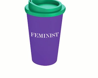 Feminist Travel Mug, Reuseable Cup with Lid, Suffragette Purple, White & Green, Takeaway Coffee Feminism Gift Protest Girl Power Slogan