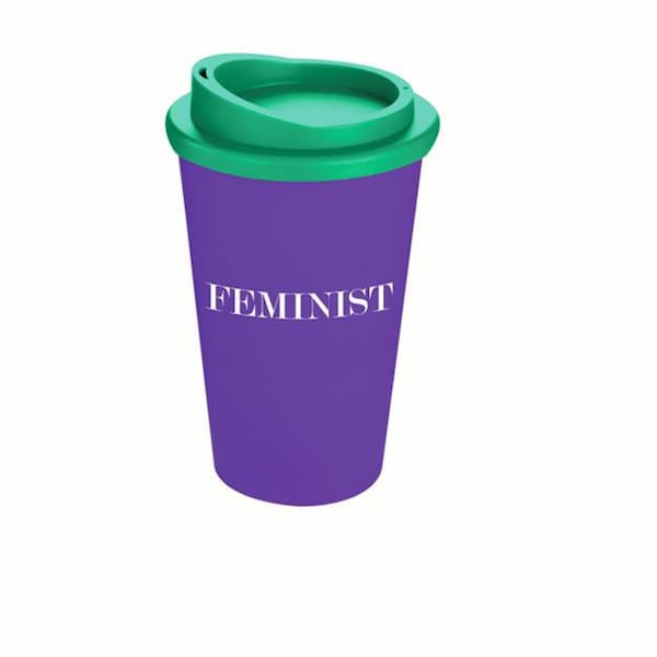 Feminist Travel Mug, Reuseable Cup with Lid, Suffragette Purple, White & Green, Takeaway Coffee Feminism Gift Protest Girl Power Slogan