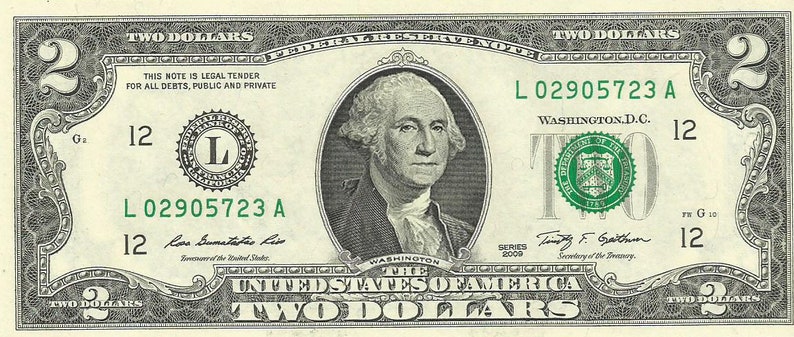 Real Money! Fun Conversation Piece Washington on a 2 Dollar Bill