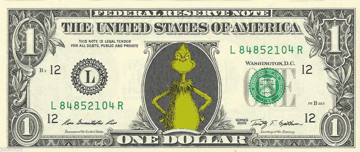 5-The Grinch Stole Christmas  Dollar Bills  Cartoon Collectible MONEY-i-3 FAKE 