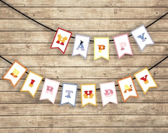 Banderines de cumpleaños de Winnie the Pooh (decoración para fiestas de cumpleaños y baby shower). Descarga instantánea e imprimible. Banderín en colores pastel.