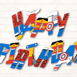 Puede incluir: Bander&iacute;n de Feliz Cumplea&ntilde;os con temas de superh&eacute;roes. Las letras est&aacute;n hechas de papel rojo, azul, amarillo y blanco con im&aacute;genes de Spiderman, Capit&aacute;n Am&eacute;rica y Wonder Woman.