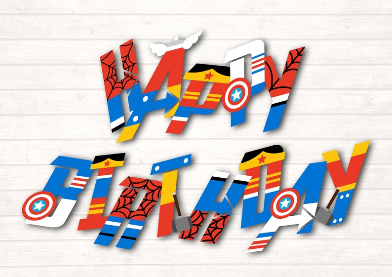 Puede incluir: Bander&iacute;n de Feliz Cumplea&ntilde;os con temas de superh&eacute;roes. Las letras est&aacute;n hechas de papel rojo, azul, amarillo y blanco con im&aacute;genes de Spiderman, Capit&aacute;n Am&eacute;rica y Wonder Woman.