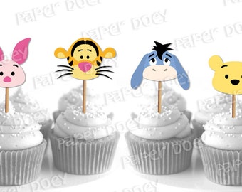 Winnie the Pooh cumpleaños Cupcake Toppers (fiesta infantil, decoración de baby shower, accesorio simple y colorido) -Descarga instantánea e imprimible