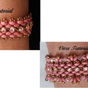 Puede incluir: Dos pulseras de cuentas rosadas con detalles dorados y cristales transparentes. Las pulseras est&aacute;n en la mu&ntilde;eca de una persona. "Viva Tutorial" est&aacute; escrito en la imagen.