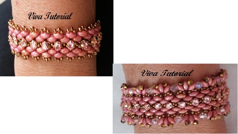 Puede incluir: Dos pulseras de cuentas rosadas con detalles dorados y cristales transparentes. Las pulseras est&aacute;n en la mu&ntilde;eca de una persona. "Viva Tutorial" est&aacute; escrito en la imagen.