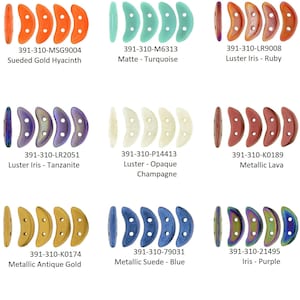 Puede incluir: Colección de cuentas en forma de media luna, de varios colores y acabados, incluyendo mate, brillante y metálico. Los colores van del naranja y turquesa al morado y dorado. Cada cuenta tiene dos agujeros para ensartar.