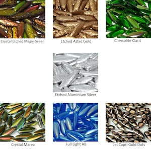 May include: A collection of elongated beads in various colors, including green, gold, silver, blue, and iridescent hues. The image displays several bead types, such as Crystal Etched Magic Green, Etched Aztec Gold, and Jet Capri Gold Dots.