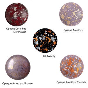 May include: Five different colors of glass tile with a speckled pattern. The colors are opaque coral red, opaque amethyst, jet tweedy, opaque amethyst bronze, and opaque amethyst tweedy.