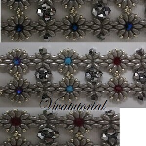 May include: A close-up of a beaded bracelet featuring a repeating pattern of silver and grey flowers. The flowers have a centre bead in various colours, including blue, turquoise, and red.