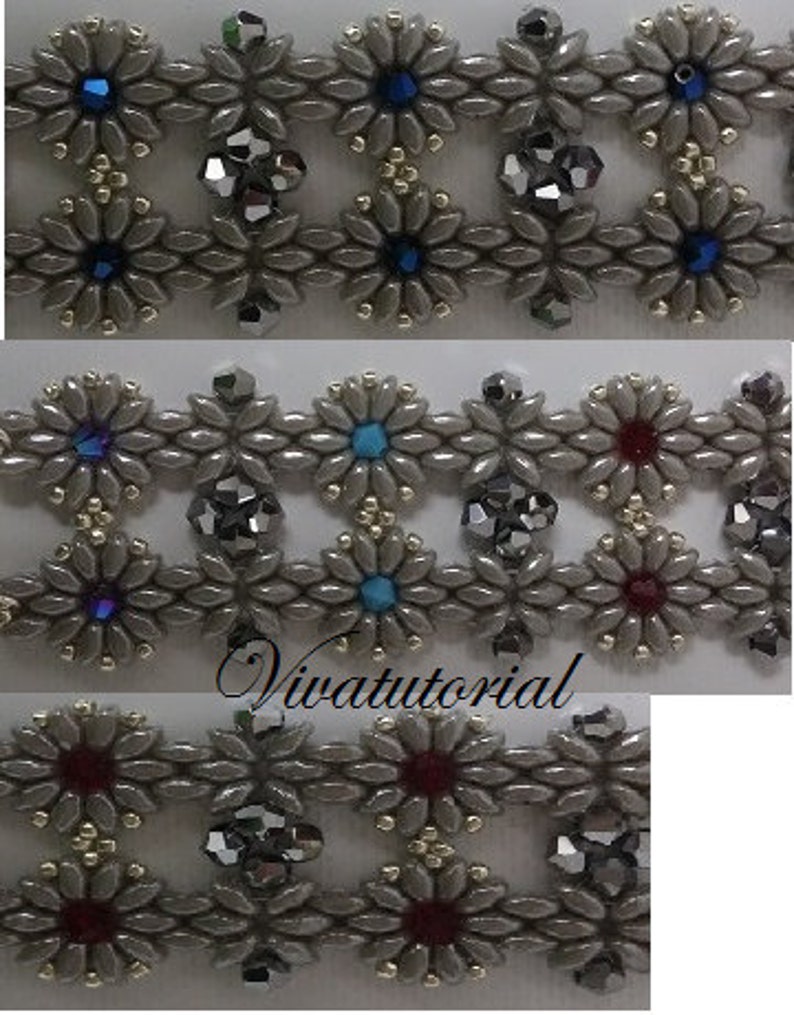 May include: A close-up of a beaded bracelet featuring a repeating pattern of silver and grey flowers. The flowers have a centre bead in various colours, including blue, turquoise, and red.