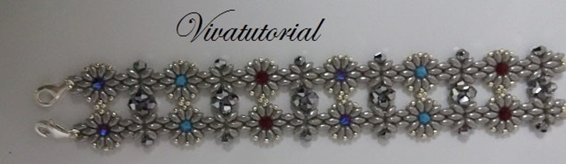 May include: A silver bracelet featuring a repeating pattern of silver flower-shaped beads with blue, red and turquoise accents. The bracelet is made with seed beads and has a silver clasp.