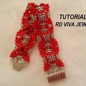 May include: A red and silver beaded bracelet with a floral design. The bracelet has a silver clasp and is made with small seed beads. The bracelet is on a white background. TUTORIAL RD VIVA JEWELRY is written in the top right corner of the image.