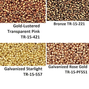 Può includere: Primo piano di quattro diversi colori di perline: Rosa Trasparente Dorato, Bronzo, Galvanizzato Starlight e Oro Rosa Galvanizzato. Ogni tipo di perlina è etichettato con un codice univoco. Ideale per la creazione di gioielli e l'artigianato.