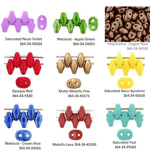 May include: A collection of colorful beads in various shapes and shades, including purple, green, red, gold, yellow, blue, and teal. Each bead type is labeled with its color name and a product code. The beads are designed for jewelry making and crafting.