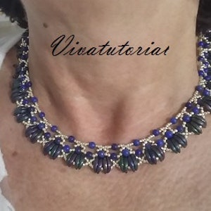 May include: A silver and blue beaded necklace with a geometric design. The necklace features iridescent blue beads and silver beads in a repeating pattern.