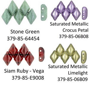 May include: A selection of diamond-shaped beads in shades of stone green, saturated metallic crocus petal, siam ruby, and saturated metallic limelight. Each colour is shown in a group of four beads and a single connecting bead. The names and codes are printed below each colour.