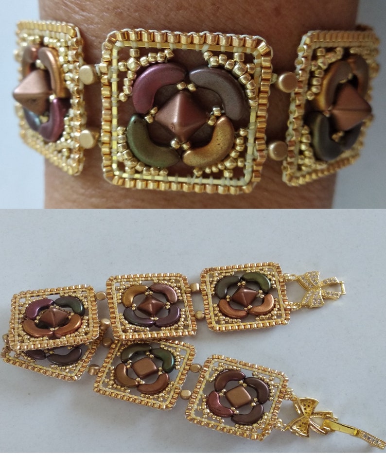 Peut inclure: Un bracelet en perles dor&eacute;es avec un motif carr&eacute; compos&eacute; de perles brunes, dor&eacute;es et vertes. Le bracelet a un fermoir avec un n&oelig;ud &agrave; chaque extr&eacute;mit&eacute;.