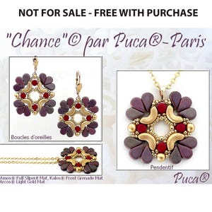 May include: Image features a jewelry set with earrings and a pendant necklace. The earrings and pendant have a floral design with purple, gold, and red beads. The text "Chance" par Puca®-Paris is at the top. The earrings are labeled "Boucles d'oreilles".