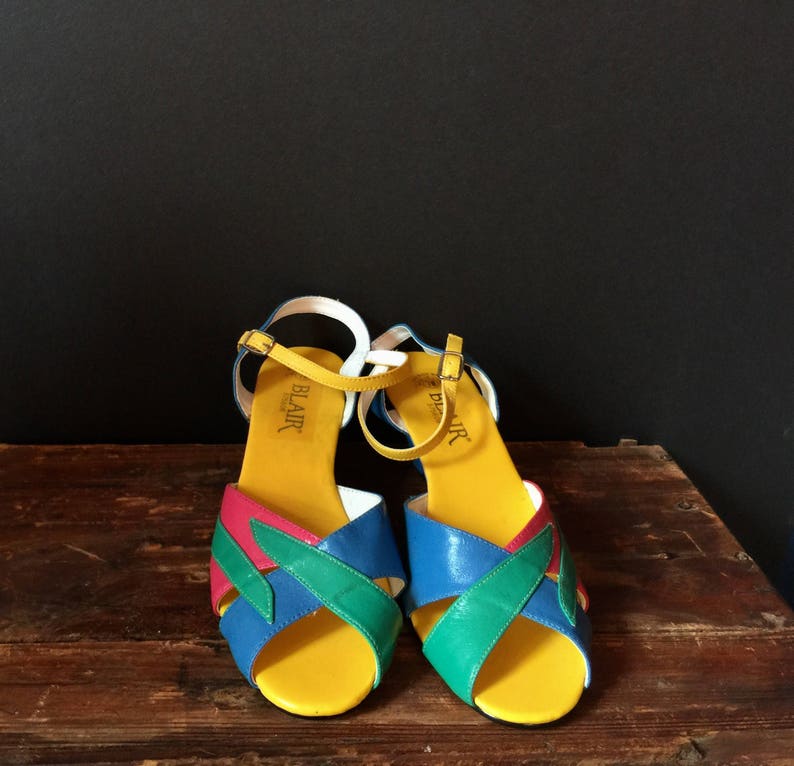 Vintage Size 7 Colorful Heeled Faux Leather Slingback Sandals