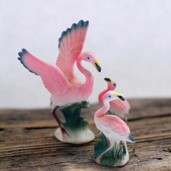 Vintage 1960s Bone China Pink Flamingo Family Figurines Made in Japan