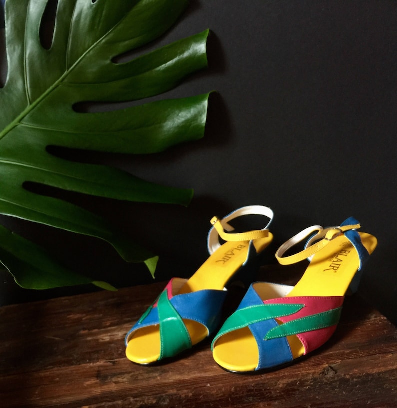 Vintage Size 7 Colorful Heeled Faux Leather Slingback Sandals