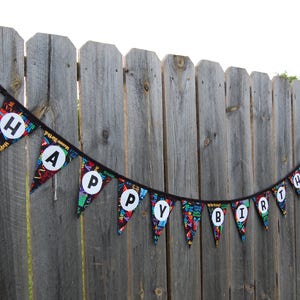 Happy Birthday fabric banner Reversible party celebration Rainbow decoration