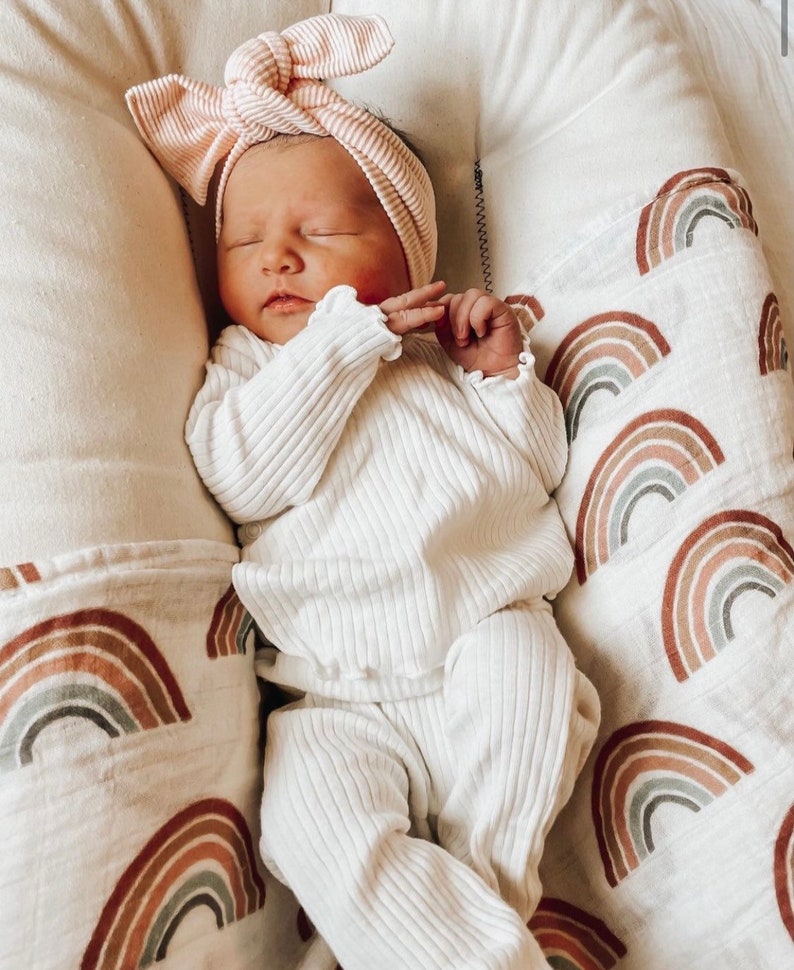 Neutral Rainbow Muslin Swaddle Blanket Newborn Swaddle Etsy