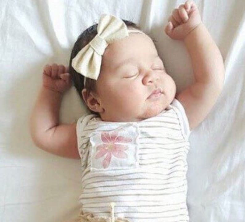 Cream /& Gold Shimmer Fabric Hair Bow Nylon One Size Headband or Clip Newborn Baby Toddler Girls Bow
