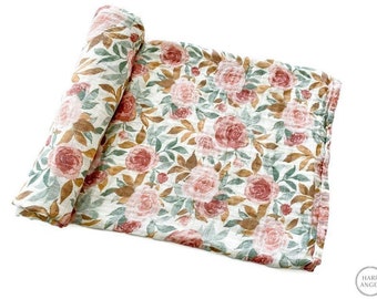 Dusty Pink Floral Muslin Swaddle Blanket, Newborn Swaddle, Floral Swaddle, Newborn Photo Prop, Baby Floral Swaddle, watercolor floral
