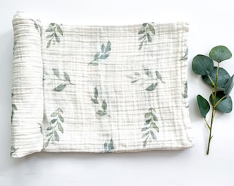 Green Leaves Bamboo Muslin Swaddle Blanket, Newborn Swaddle, Leaf Swaddle, Baby Swaddle