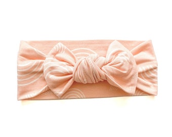 Blush Pink Rainbow Stretch Bow Headband Headwrap, Rainbow Knotted Bow, Top Knot Headband, tie on head wrap